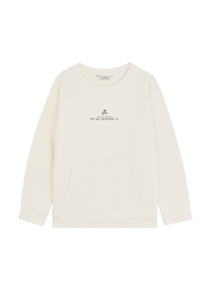 Sudadera con cuello redondo en algodón de color blanco roto, con bolsillo delantero, puños acanalados y un logo verde impreso en el pecho. Textura suave.