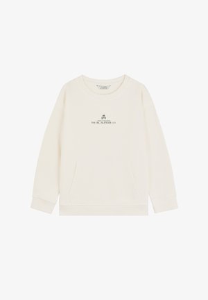 Crewneck sweatshirt in off-white cotton, featuring a front pocket, ribbed cuffs, and a green logo printed on the chest. Smooth texture.