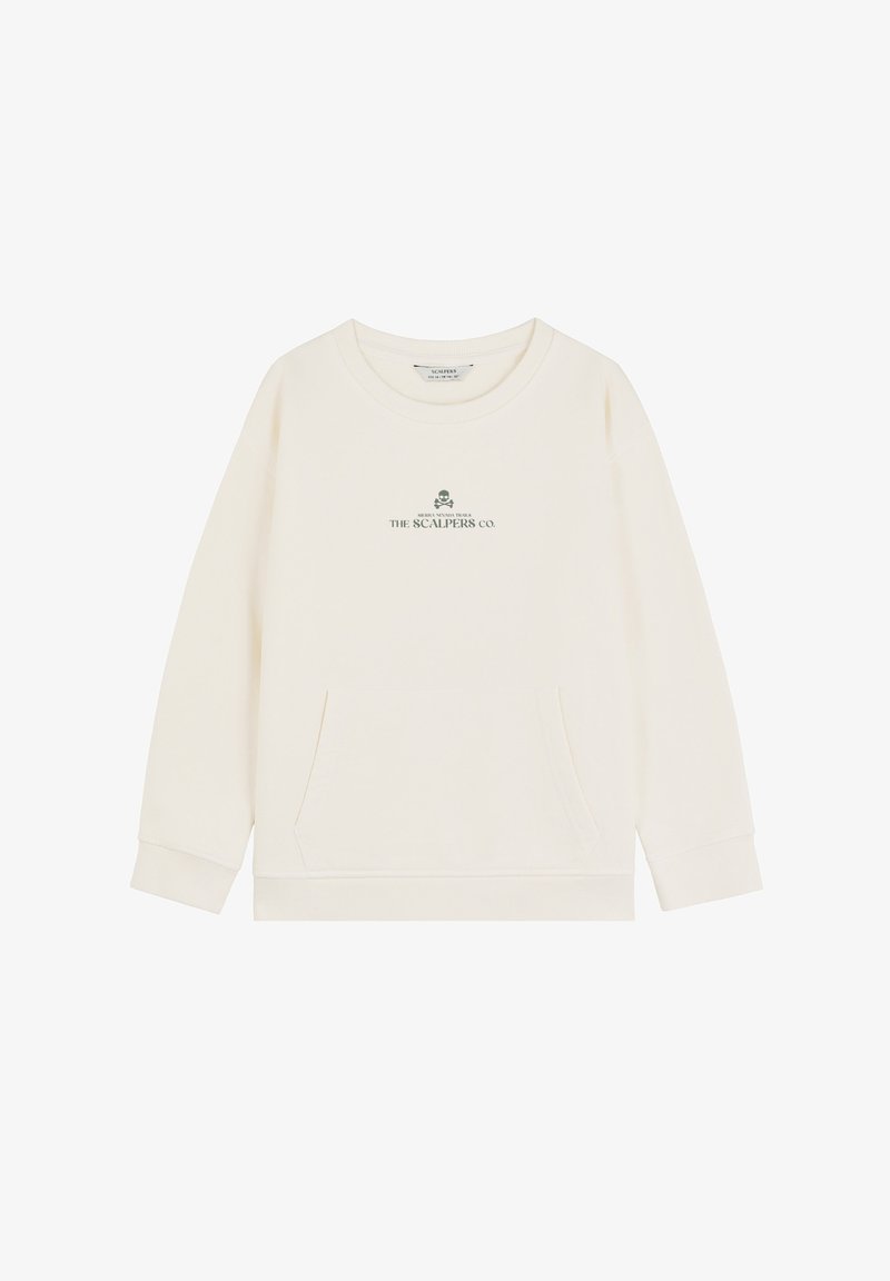 Sudadera con cuello redondo en algodón de color blanco roto, con bolsillo delantero, puños acanalados y un logo verde impreso en el pecho. Textura suave.