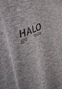 Grijze katoenen t-shirt met een gestructureerde afwerking, met zwarte bedrukte tekst "HALO AALBORG TACTICAL WING HIGH ALTITUDE LOW OPENING."