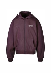 Sudadera con cremallera morada, fabricada en un tejido de mezcla de algodón. Presenta un bolsillo frontal, puños acanalados y un logotipo en la parte superior izquierda.