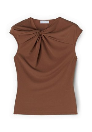 Hnědý top bez rukávů s uzlem u výstřihu, přiléhavý střih a hladká struktura látky.