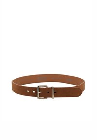 Brown leather belt featuring a smooth texture, a gold-tone buckle, and five adjustment holes for size versatility.