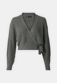 Šedý zkrácený cardigan s překřížením vyrobený z texturované pleteniny, má dlouhé rukávy a přední detailem na zavázání.