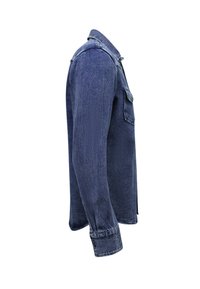 Donkerblauwe spijkerjack met lange mouwen, een voorzak, een regular fit, een klassieke kraag en een knoopsluiting.