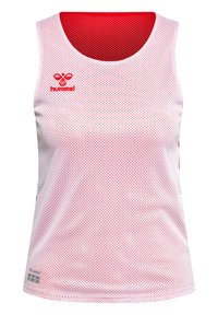 Ärmelloses sportliches Tanktop, aus weißem Netzstoff mit roten Akzenten, mit einem Logo auf der oberen linken Seite und einem geraden Saum.