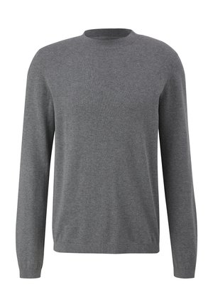 Grau gestrickter Wollpullover mit langen Ärmeln, rundem Halsausschnitt sowie ribbeligen Bündchen und Saum. Selbstverständlich weich mit einem dezenten, gleichmäßigen Strickmuster.