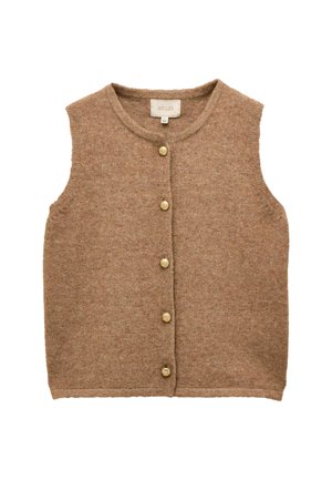Brauner gestrickter Weste mit rundem Halsausschnitt, Knopfleiste vorne und ohne Ärmel. Verfügt über sechs goldfarbene Knöpfe und einen strukturierten Stoff.