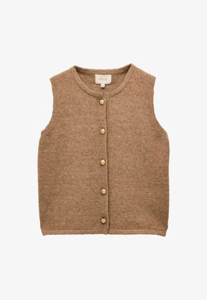 PRuuni kudumvest, ümmarguse kaelusega, nööpide ees sulgemisega ja ilma varrukateta. Sisaldab kuut kuldset nööpi ja tekstuurset kangast.