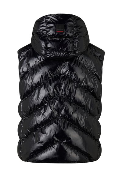 Czarna puchowa kamizelka z wzorem w zygzak, wysokim kołnierzem i błyszczącą teksturą. Posiada metkę na szyi i nie ma rękawów.