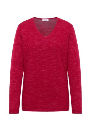Roter Pullover mit langen Ärmeln und V-Ausschnitt aus strukturiertem Strickmuster. Der Stoff hat ein subtil mêlées Aussehen. Mit geradem Saum und gerippten Bündchen.