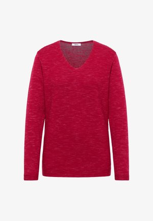 Roter Pullover mit langen Ärmeln und V-Ausschnitt aus strukturiertem Strickmuster. Der Stoff hat ein subtil mêlées Aussehen. Mit geradem Saum und gerippten Bündchen.