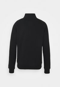 Black sweatshirt with a high collar, long raglan sleeves, and ribbed cuffs. Smooth texture with a solid pattern, designed for casual wear.