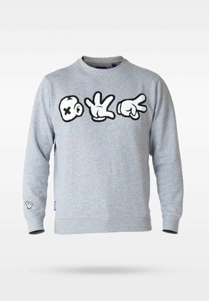 Harmaa pyöreäkauluksinen collegepaita, jossa etupuolella musta brodeerattu grafiikka käsimerkeistä ja ilmeestä. Hihoissa on logotietoa.