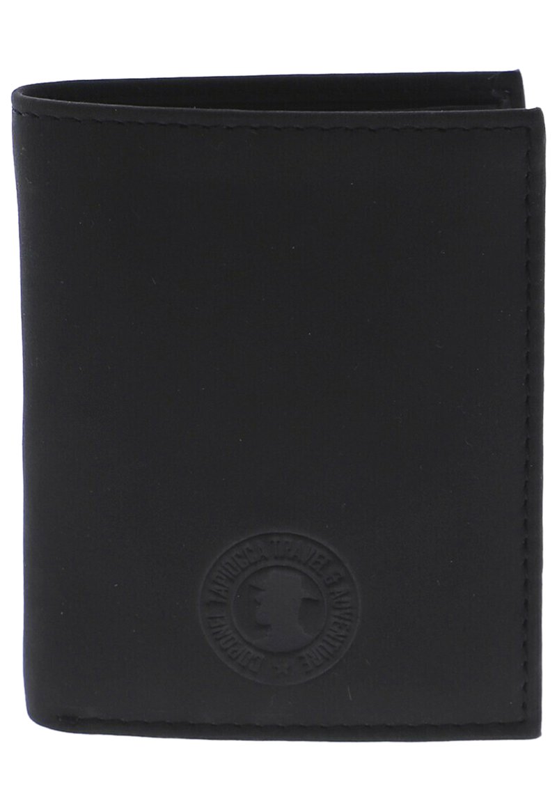 Billetera de cuero negro con textura lisa, diseño plegable y detalle del logo grabado en el frente. Los bordes cosidos mejoran la durabilidad.
