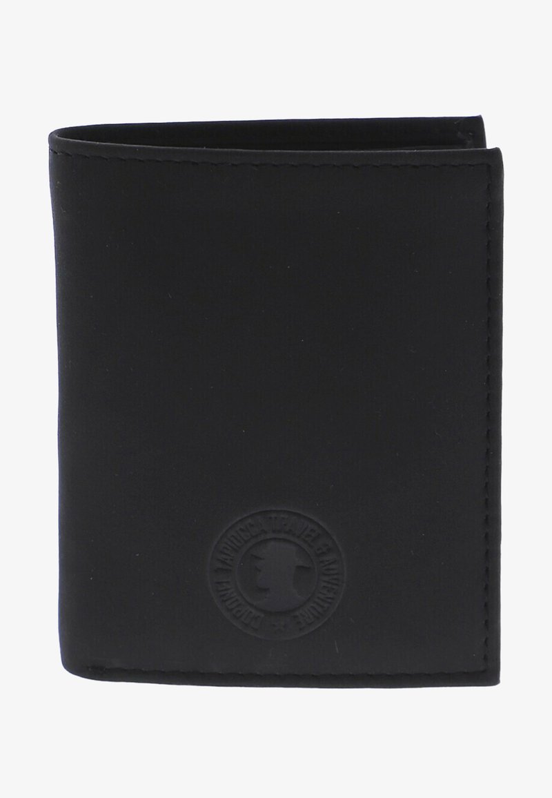 Billetera de cuero negro con textura lisa, diseño plegable y detalle del logo grabado en el frente. Los bordes cosidos mejoran la durabilidad.