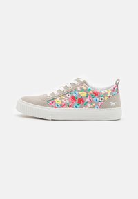 Grey suede sneakers with a colorful floral fabric side panel, white laces, textured white rubber sole, and a small accent logo on the heel.