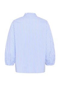 Bluza în dungi cu culori albastru deschis și alb, guler clasic și mâneci bufante. Confecționată dintr-un material ușor, cu croială lejeră.