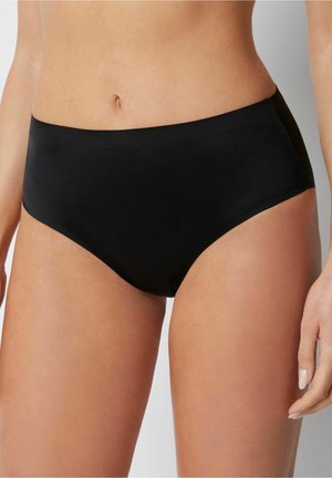 Zwarte high-waisted onderbroek van glad, rekbaar stof. Kenmerkt zich door een naadloos ontwerp en een middelhoge snit voor comfort en pasvorm.