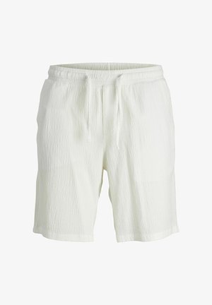 Hvite vevde shorts med elastisk midje og snøring, med en strukturert stoffkvalitet og løs, knelengde passform.