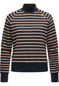 Sudadera a rayas en azul marino y beige, con cuello alto, mangas raglán y cuatro botones en el hombro izquierdo. Textura suave de punto.