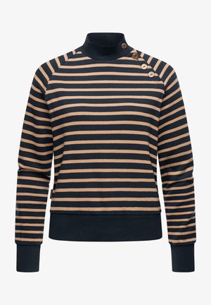 Sudadera a rayas en azul marino y beige, con cuello alto, mangas raglán y cuatro botones en el hombro izquierdo. Textura suave de punto.