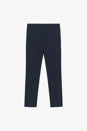 Formalne mornarsko modre hlače s prijetno obliko, gladkim teksturo in dvema sprednjima žepoma, z čistimi linijami in ravnim krojem.