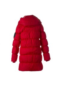 Giacca puffo rossa con cappuccio, caratterizzata da un design trapuntato, polsini elasticizzati e una patch decorativa sul maniche sinistro. Texture liscia e lucida.