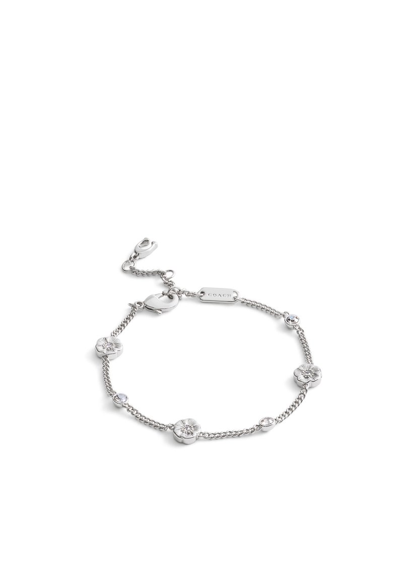 Bracelet en chaîne argentée avec des accents en forme de fleur, ornés de détails gravés et d'incrustations de pierres précieuses transparentes. Fermeture ajustable pour un maintien sécurisé.