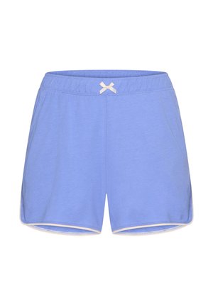 Light blue women's cotton shorts with white trim, elastic waistband, and a small white bow at the center front.