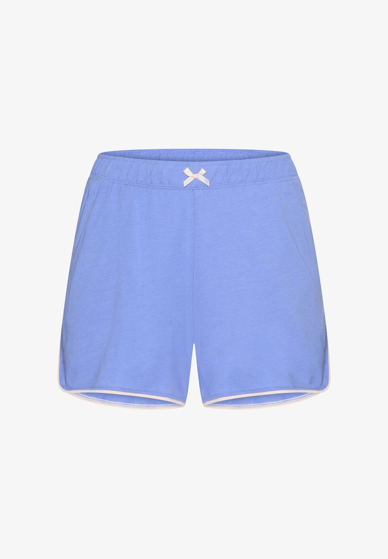 Svetlomodré dámske bavlnené šortky s bielym lemovaním, pružným pásom a malou bielou mašličkou v strede prednej časti.