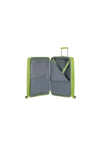 Valigia rigida di un brillante verde con apertura a due scomparti. L'interno presenta una fodera grigia, tasche con zip, divisori e ruote scorrevoli.