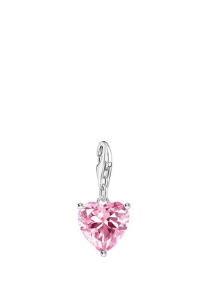 Silver-tone charm featuring a heart-shaped, faceted pink crystal, secured by four prongs and a sturdy clasp. High-gloss finish.