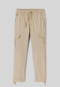 Pantalons cargo beiges avec taille élastique, cordon de serrage, poches latérales et deux grandes poches cargo sur les cuisses. Tissu léger.