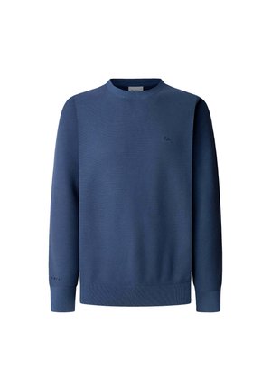Navy blue pullover sweater with a textured knit design, ribbed cuffs and hem, and subtle logo detail on the chest.