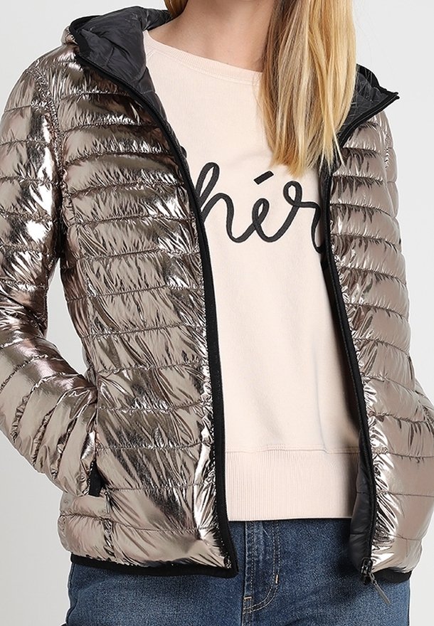 Giacca metallica e puffa in argento con cuciture orizzontali, cappuccio nero e chiusura con zip. Indossata sopra una felpa rosa chiaro con scritta.