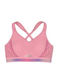 Rózsaszín sportmelltartó, texturált anyaggal, keresztbe tett pántokkal és sötétebb rózsaszín geometriai mintákkal az oldalakon. Az alján hálós szegéllyel.