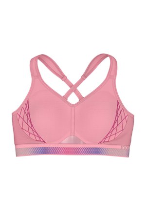 Roza športna modrček s teksturiranim materialom, prekrižanimi naramnicami in geometrijskimi vzorci v temnejši roza barvi na straneh. Mrežen detajl na spodnjem delu.