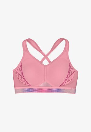Lyserød sports-bh med tekstureret materiale, krydsede stropper og geometriske mønstre i mørkere lyserød på siderne. Meshkant forneden.