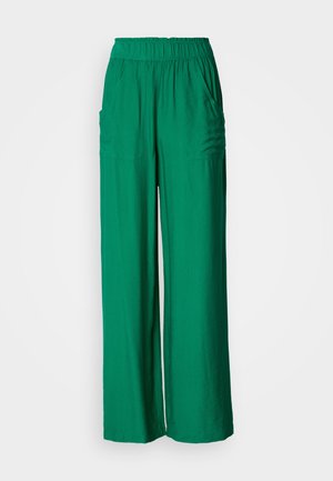 Green wide-leg pants with an elastic waistband, two side pockets, and a smooth texture, made from lightweight fabric.
