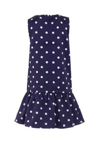 Granatowa sukienka bez rękawów w białe kropki, z falbaną na dole i zamkiem błyskawicznym z tyłu. Miękka tkanina, casualowy fason.