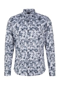 Biała, kwiatowa koszula z długim rękawem w szare kwiaty i liście w akwareli, zapinana na guziki, z klasycznym kołnierzem, o luźnym kroju.