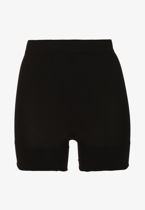 Sorte højtaljede shorts lavet af glat stof, med en elastisk talje og en midt-lår længde uden synlige sømme.