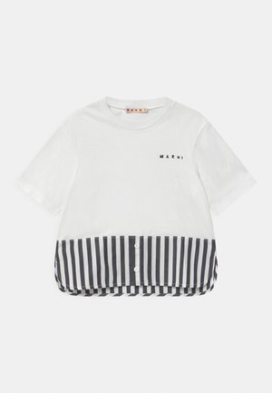 White T-shirt with short sleeves, featuring a black striped lower panel and a button detail, branded with "MARNI" in black text.