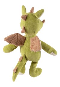 Green dragon plush toy with soft texture, brown fabric wings, and small spikes on the head and back. White accents on the claws.