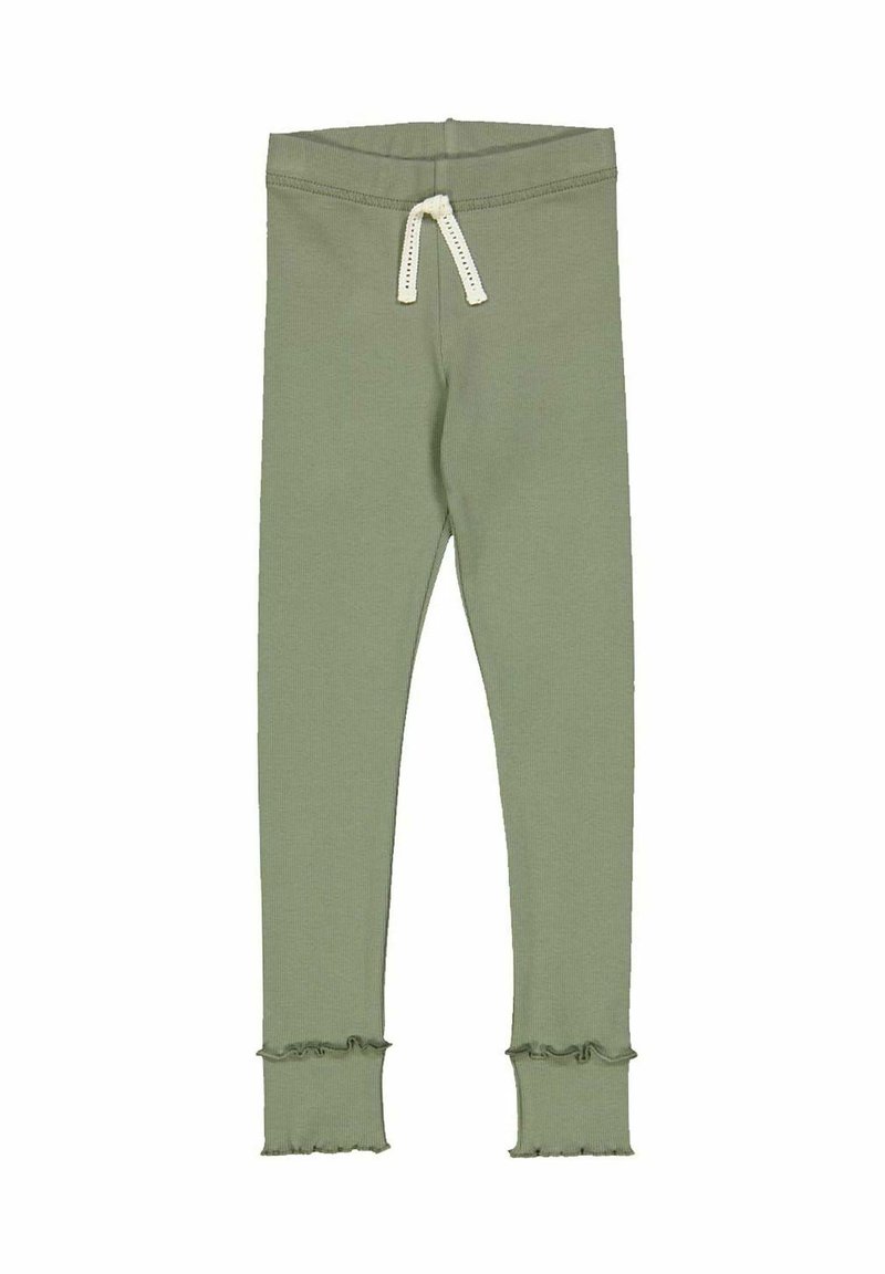 Leggings en coton vert avec une coupe ajustée, ornés d'un volan froncé au niveau des chevilles, d'une taille élastique et d'un cordon de serrage contrastant.