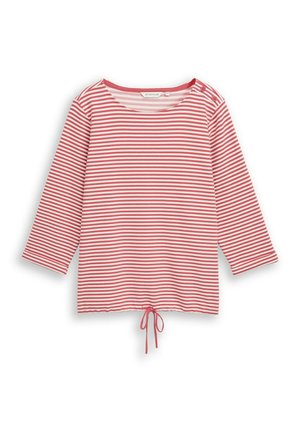 Rot-weiß gestreiftes Langarmshirt mit rundem Ausschnitt, Knopfdetail auf einer Schulter und Kordelzug am Saum.