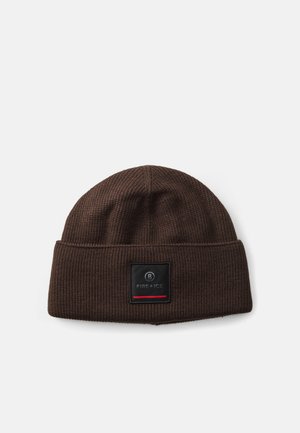 Brown knitted beanie with a folded cuff, featuring a black square patch labeled "FIRE + ICE" with a red accent line. Soft texture.