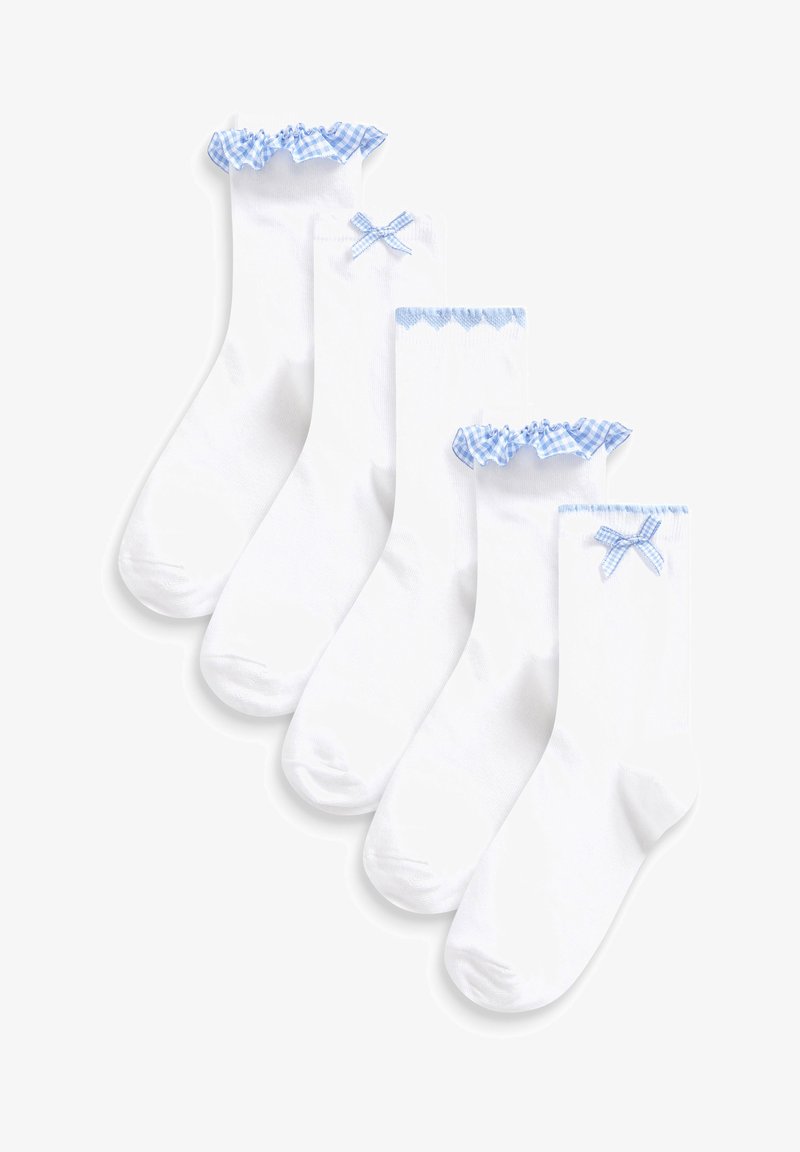 Białe skarpetki z niebieskim trymem w kratkę gingham na górze i małymi niebieskimi kokardkami na wybranych parach. Wykonane z miękkiej bawełny. Zestaw czterech.