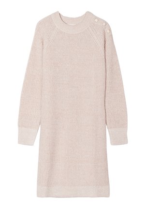 Vestido de suéter de punto en rosa claro, con escote redondo, mangas largas, puños acanalados y detalle de tres botones en el hombro.